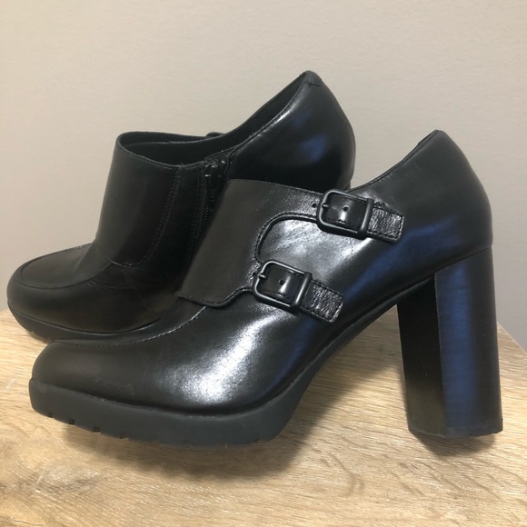 Clarks Shoes - Clarks Artisan Black Leather Chunky Heeled Booties